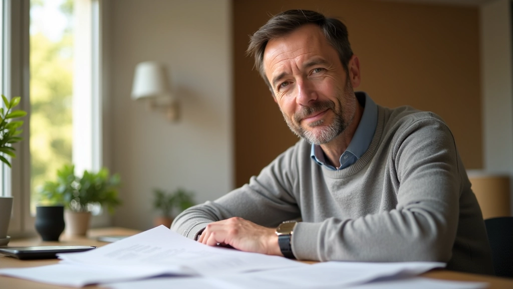 Personne d'âge moyen étudiant un relevé de cotisations du régime général à son domicile