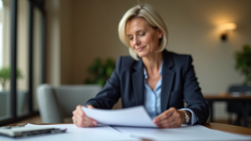 Femme mature consultant un document de retraite à son bureau avec des documents financiers