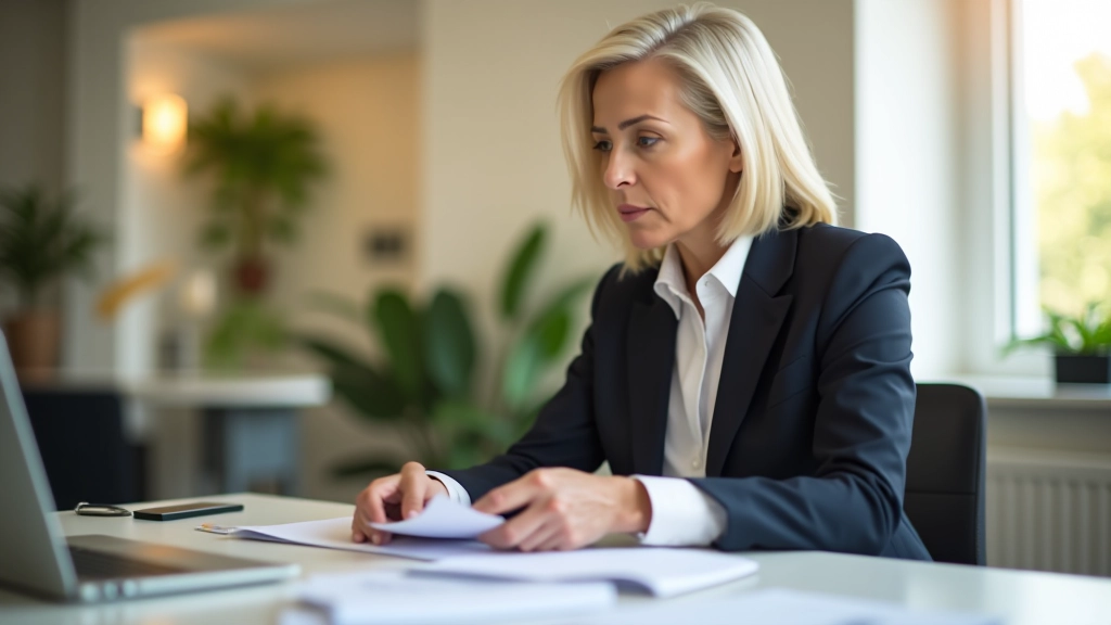 Femme mature dans un bureau consul

tant des documents de simulation de retraite